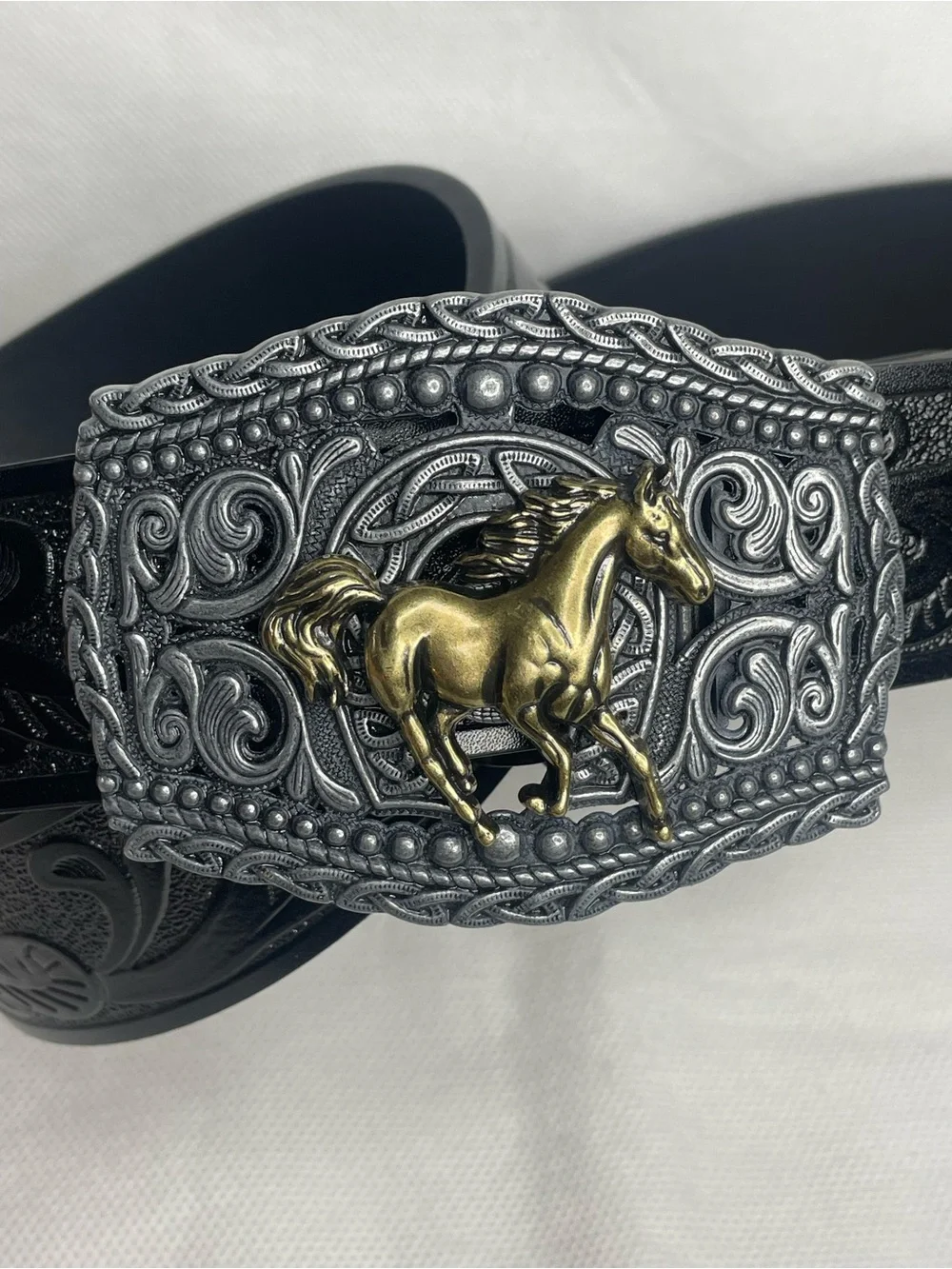 Vintage Western Tooled Big Buckle Belt Size 34 Black Etched Leather Silver Gold